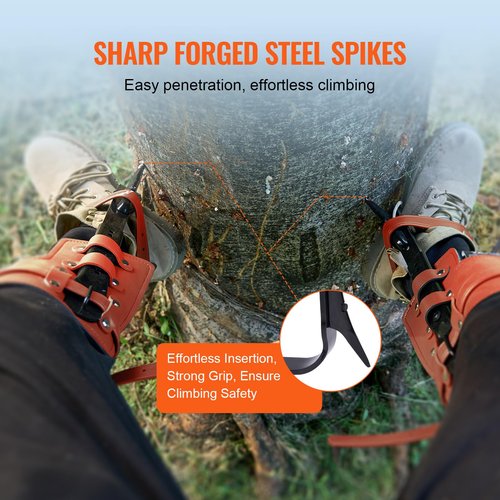 VEVOR Tree Climbing Spikes Set, 1 Pair Alloy Steel Climbing Spurs with Safety Rope and Safety Harness, 350lbs Load Capacity Tree Climbing Gear, Arborist Equipment for Climbers, Fruit Picking, Orange