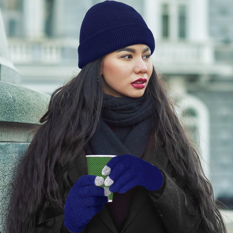SATINIOR 56 Pcs Bulk Winter Beanie Hat Gloves Sets for Homeless Men Women Touchscreen Gloves Knit Cuffed Skull Cap Care Adult(Navy Blue)