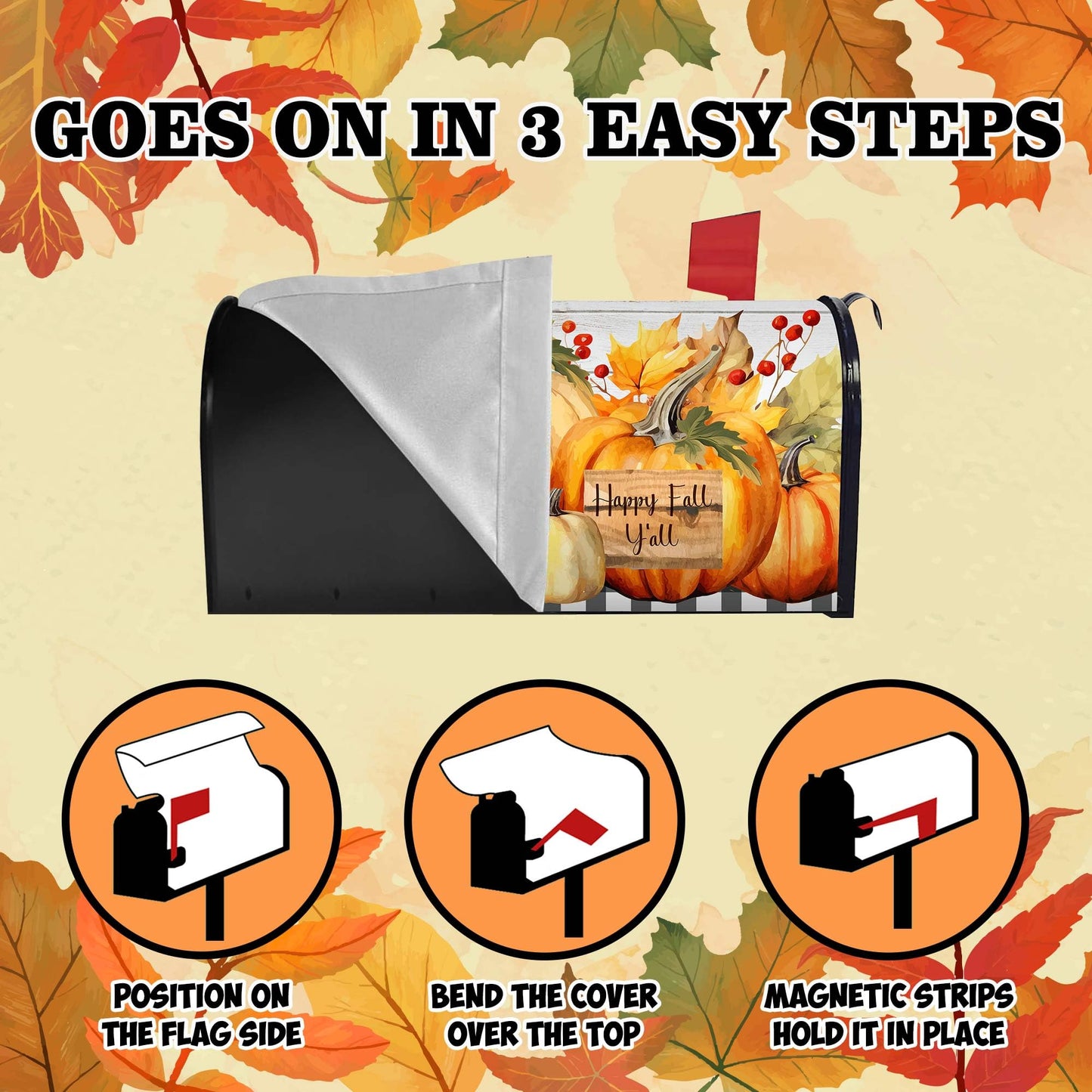 Happy Fall Y'all Pumpkin Maple Leaf Magnetic Mailbox Cover Standard Size 18" x 21" - Thanksgiving Harvest Autumn Letter Box Covers Decor for Outdoor Home Garden