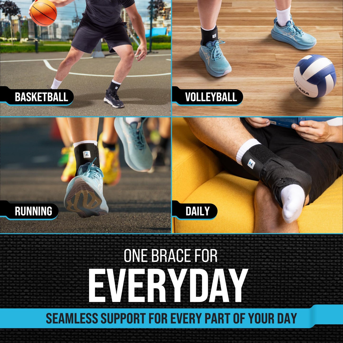 Z ATHLETICS Ankle Brace for Women & Men - Lace Up Adjustable Support with Side Stabilizers for Sprained Ankle, Achilles Tendonitis Relief | Basketball, Volleyball, Running & Sports Recovery - Black, Medium