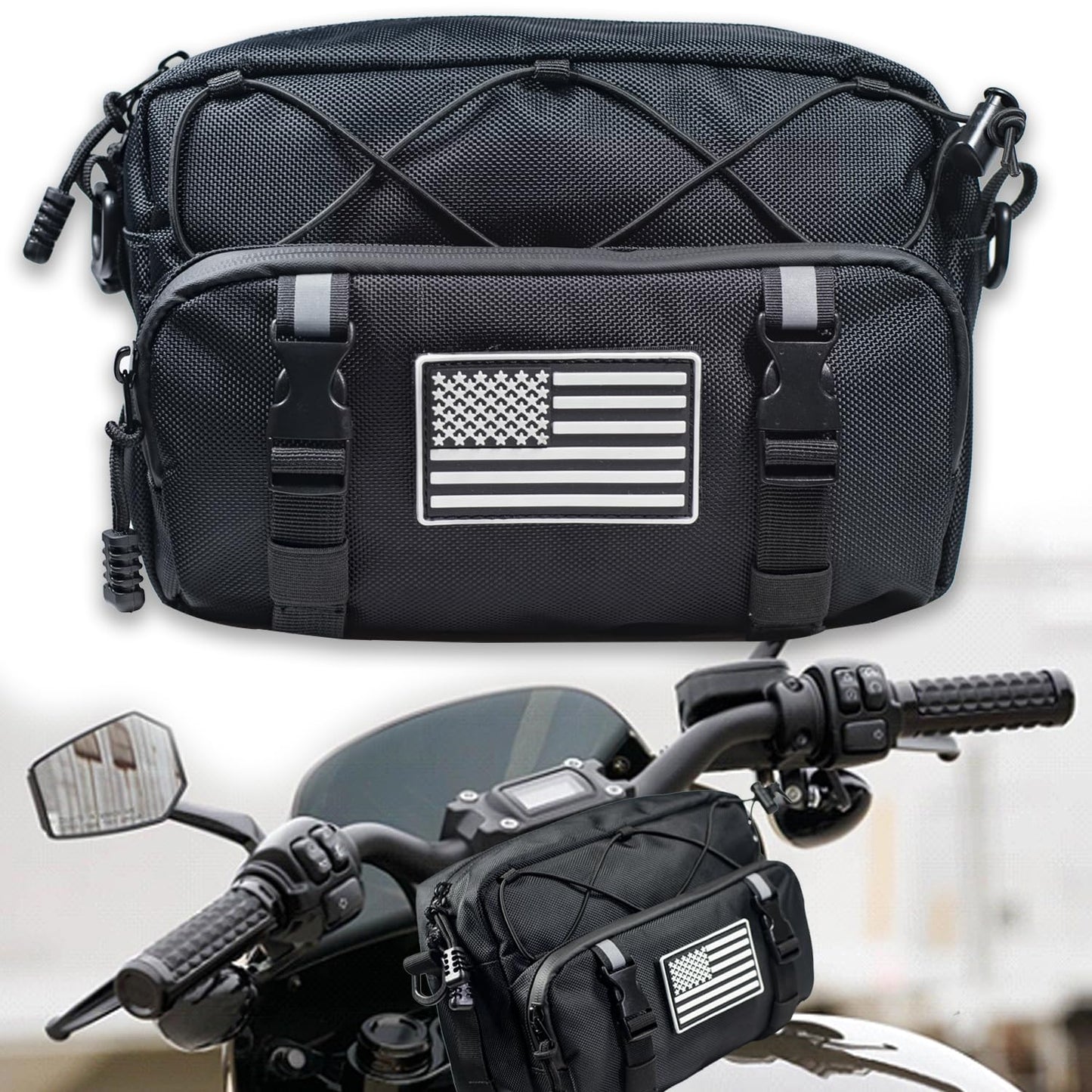 JIYIFOUHY Universal Black Motorcycle Handlebar Bag - Water-resistant American Flag 1680D Tool Bag for Motorbike, Cruiser, Softail, Dyna, Sportsters, Dirt Bike, ATV