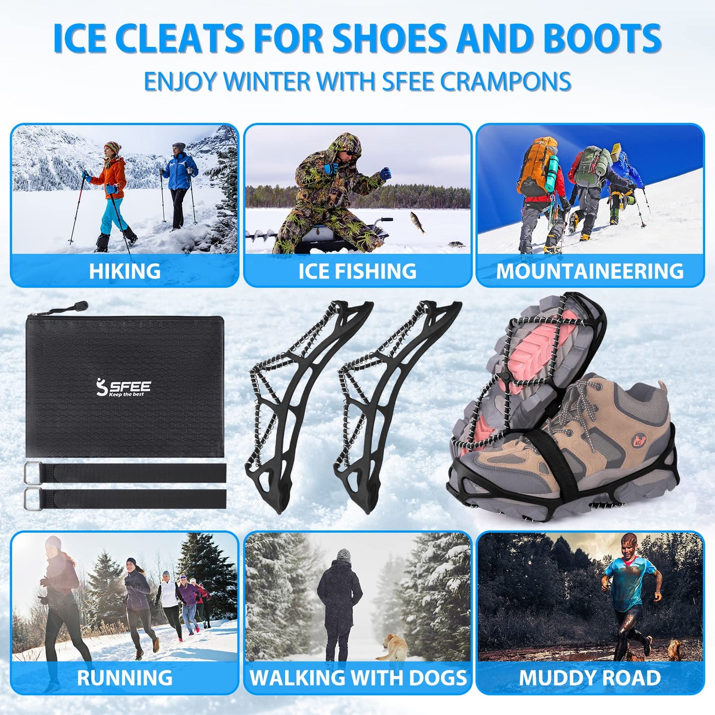 Sfee Ice Cleats Ice Grippers for Shoes and Boots, Crampons Traction Cleats for Walking on Snow and Ice Anti-Slip Flexible Footwear Snow Grips for Walking Climbing Hiking Jogging with 2 Straps