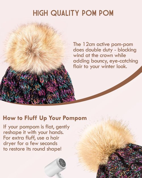 Winuesa Winter Hats for Women with Pom Pom, Womens Beanie Warm Fleece Lined for Cold Weather, Fashionable Multicolor Thick Cable Knit Ski Skull Cap for Ladies-01