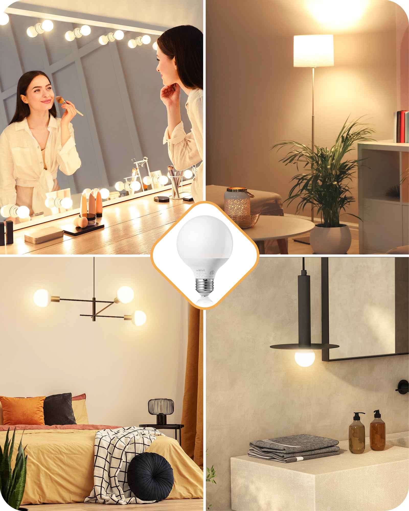 EDISHINE Vanity Light Bulbs, G25 LED Bathroom Light Bulbs, 25 Watt Equivalent Globe Light Bulb, CRI90+ 2700K Warm White 450LM, E26 Base, 4 Pack Non-dimmable, ETL Listed