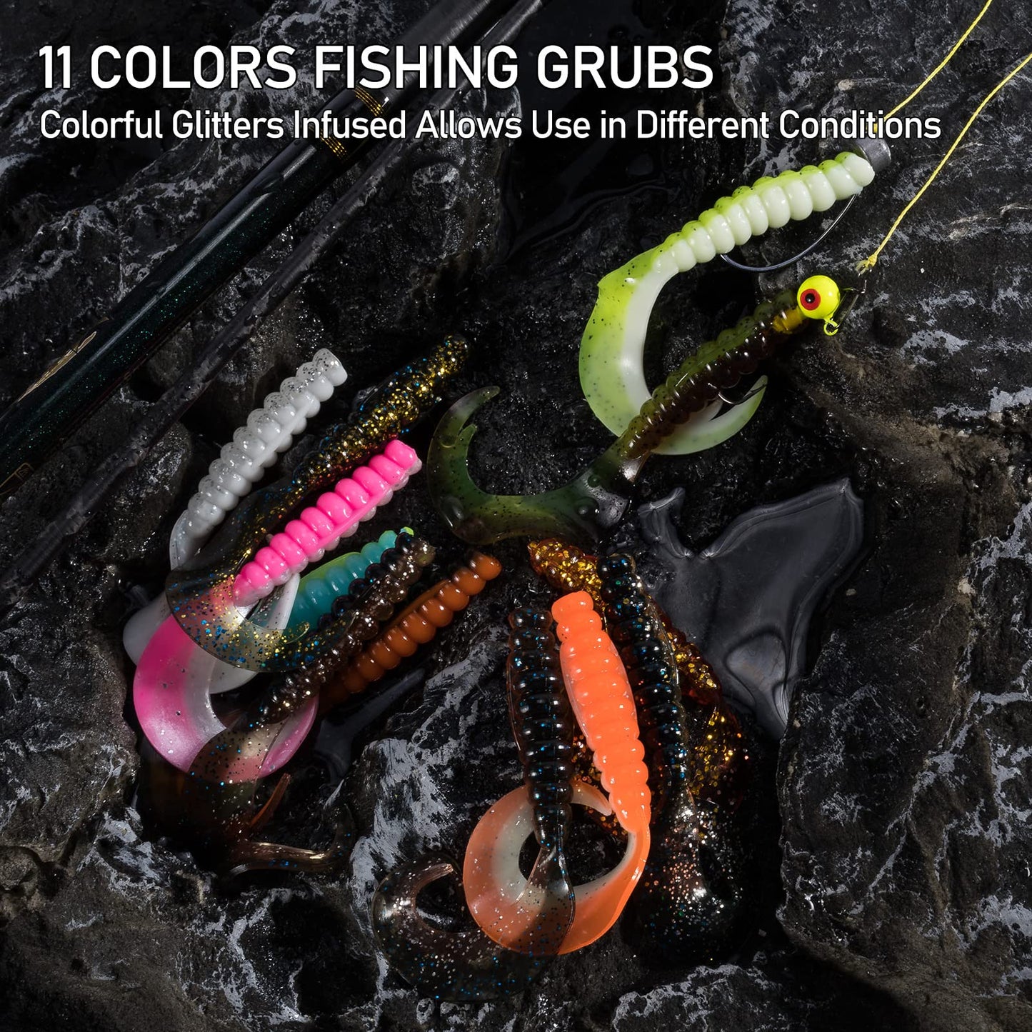 Dr.Fish 10 Pack Grub Soft Fishing Lures, 3 inch Soft Plastic Baits Worm Swimbaits Ribbon Tail Shad Bait for Freshwater Bass Fishing Lures Crappie Walleye Panfish Black and White
