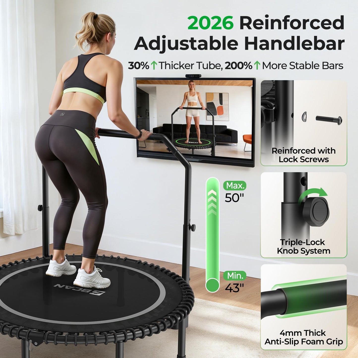 BCAN BT2 450/550LBS Mini Rebounder Trampoline for Adults with Bar, Fitness Trampoline with Bungees, Adjustable Handle, Stable & Quiet, Indoor Outdoor, Whole-Body Workout & Relaxation at Home-48IN-SLV