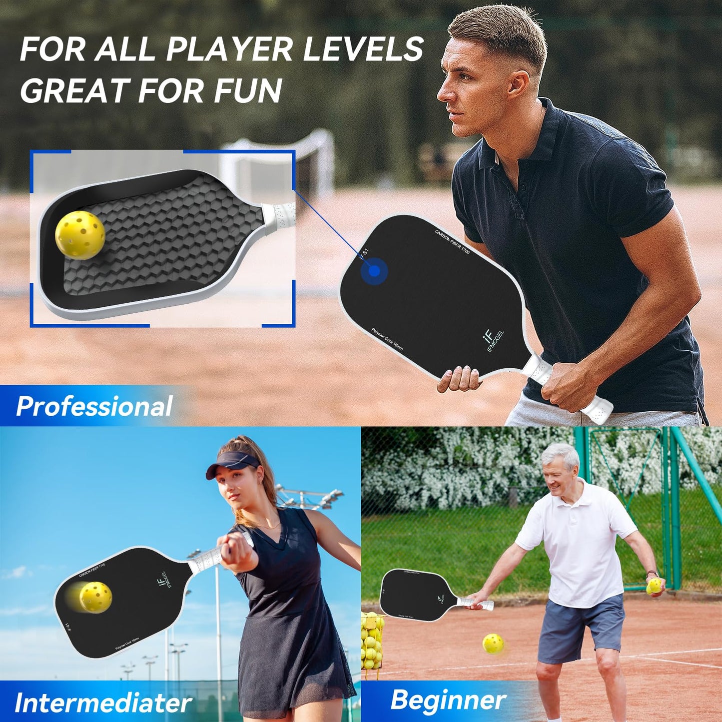 T700 Carbon Fiber Pickleball Paddle w/Carbon Abrasion Surface & 16mm Honeycomb Core for Ultimate Spin, Power & Control, Ideal for Men, Women, Novice, Intermediate & All Levels (A: White)
