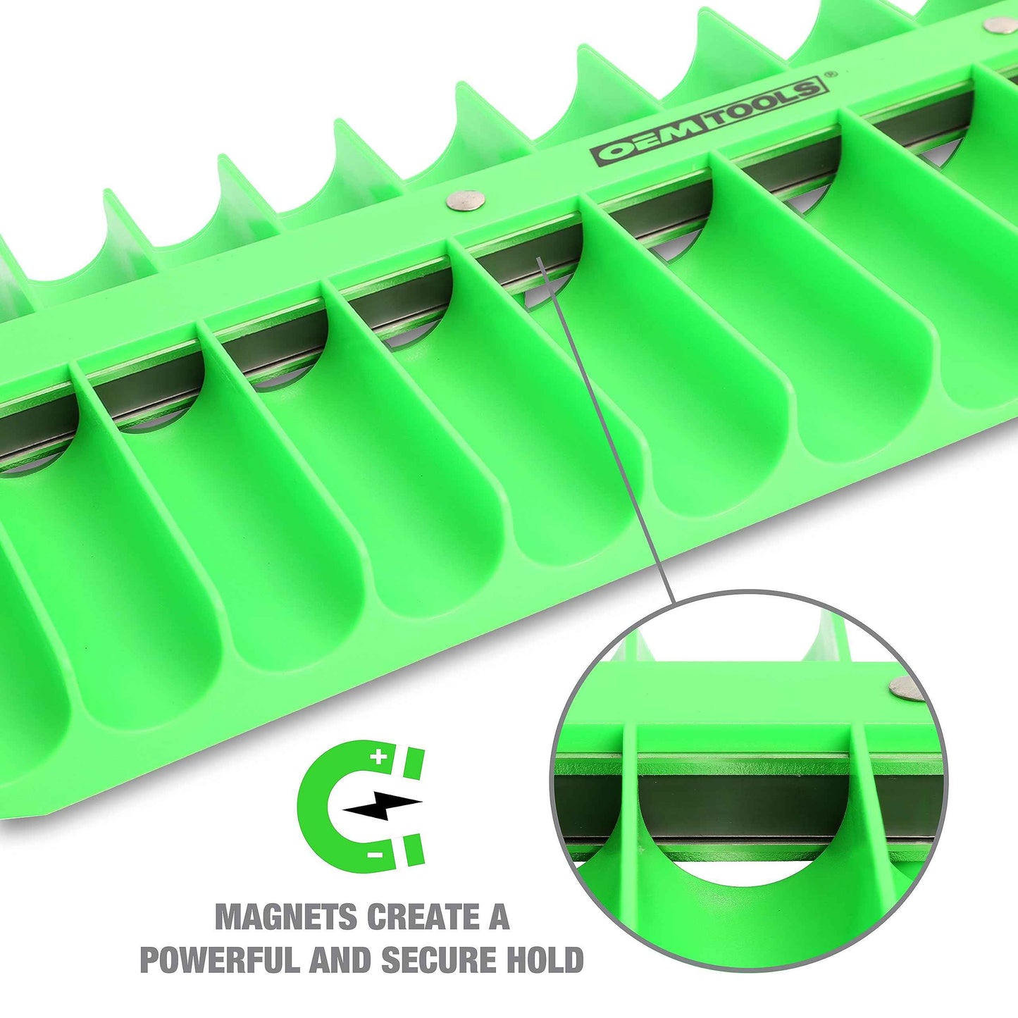OEMTOOLS 23117 3/8" Drive Portable Magnetic Socket Organizer Tray, Magnetic Socket Holders Organizers For Tool Box, Shop, Or Garage, Holds Up To 28 Tools, Metric/SAE, Green