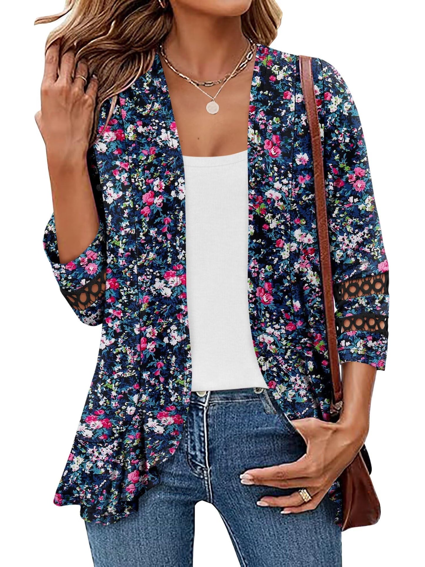 Magritta Flowy 3/4 Sleeve Cardugans Women's Cardigan for Weekend Outing - Blue Floral (L, Cherry)