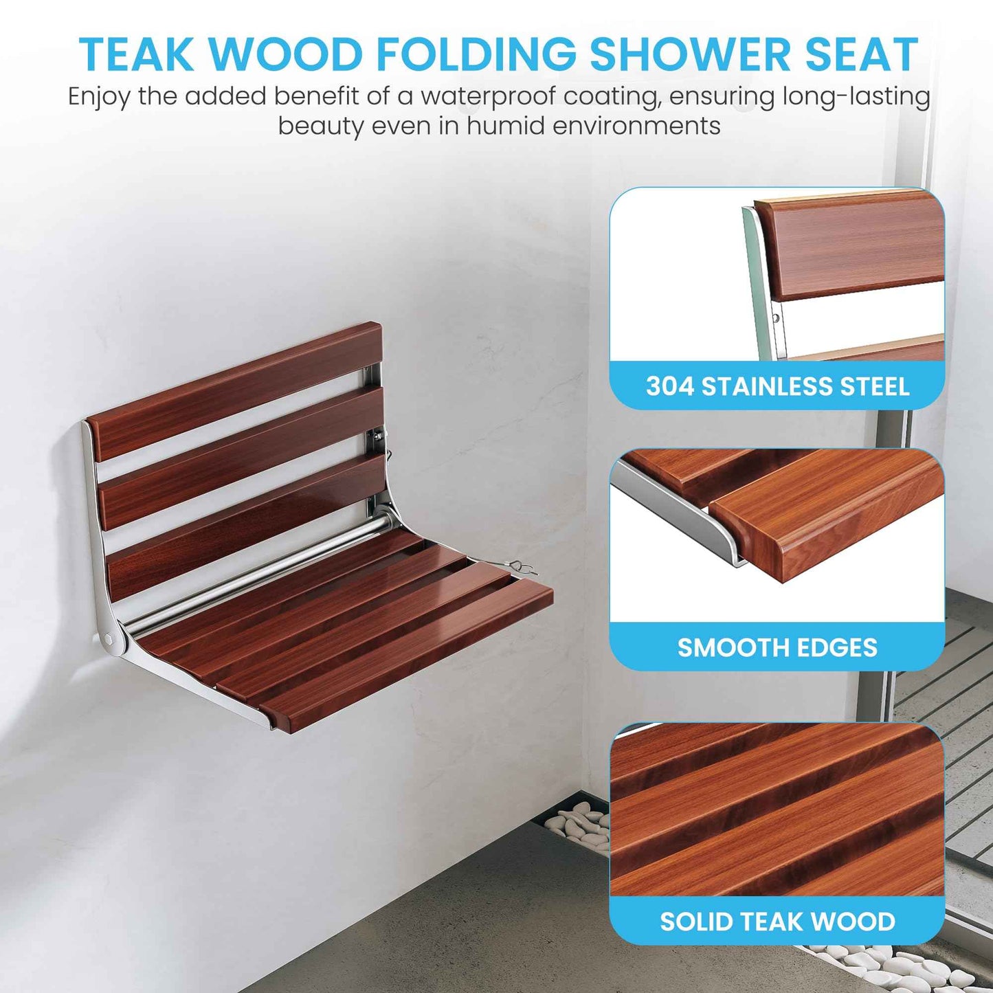 Kfpmx Folding Shower Seat Wall Mounted Teak Bench – Fold Down Bath Safety Seat with 304 Stainless Steel Frame, ADA Compliant Shower Chair for Elderly, Seniors, Disabled, 500 lb Capacity, 17.7" x 12.5"