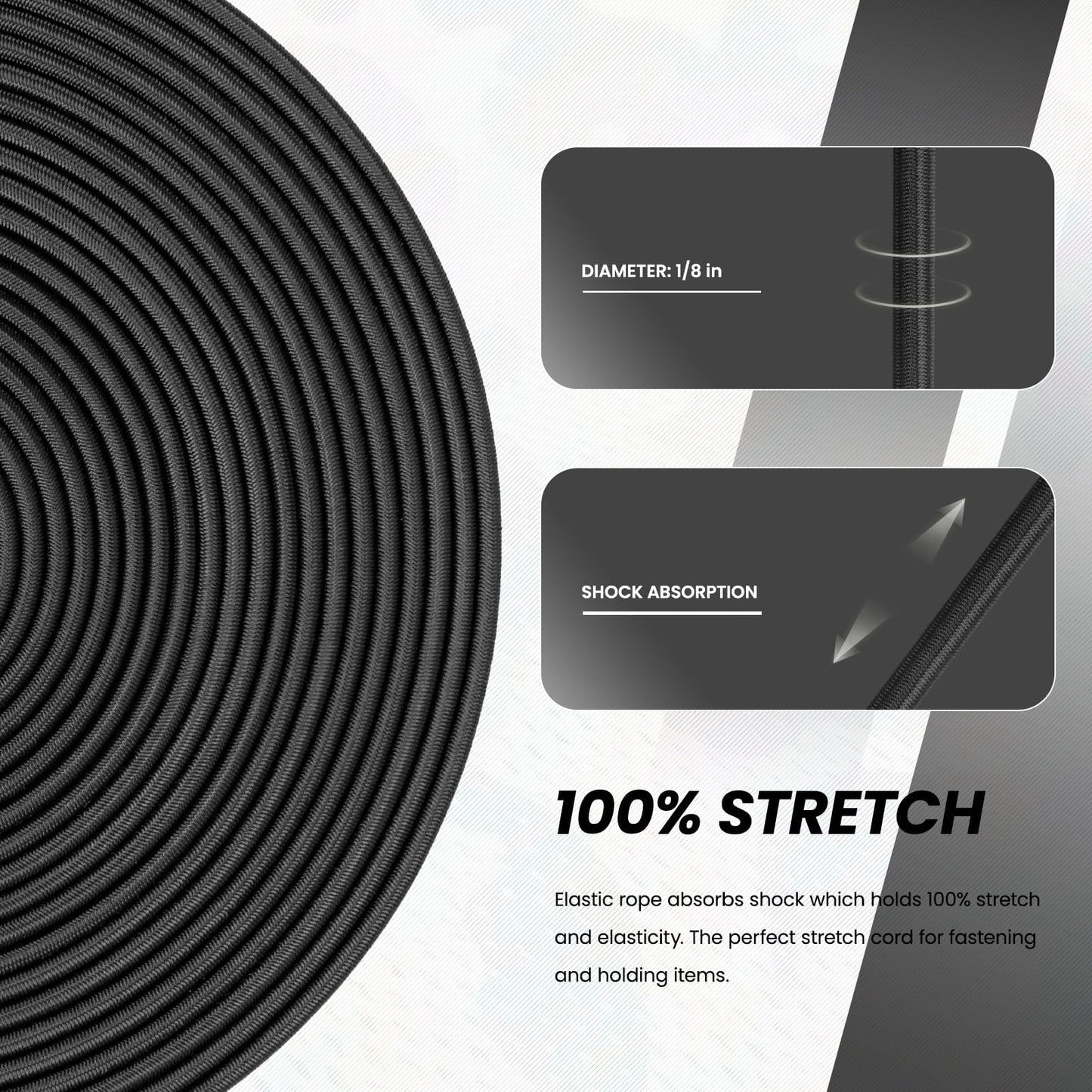 Abma Cord Bungee Cord 1/8in x 50ft Elastic Shock Cord 100% Stretch Elastic Bungee Rope for Tarpaulin, Trailer, Backpack, Tent Pole, Kayak - Black