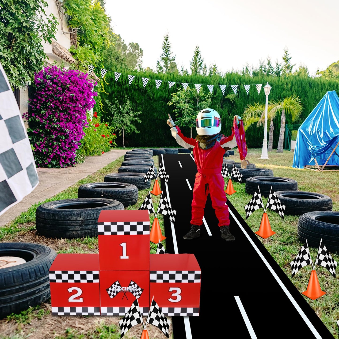 Zhanmai 4 Pcs Large Racing Car Party Boxes 11.8 x 11.8 Inch Goodie Checkered Boxes for Birthday Decor Truck Theme Race Car Podium Centerpiece Decorations Cardboard Party Favors(Red)