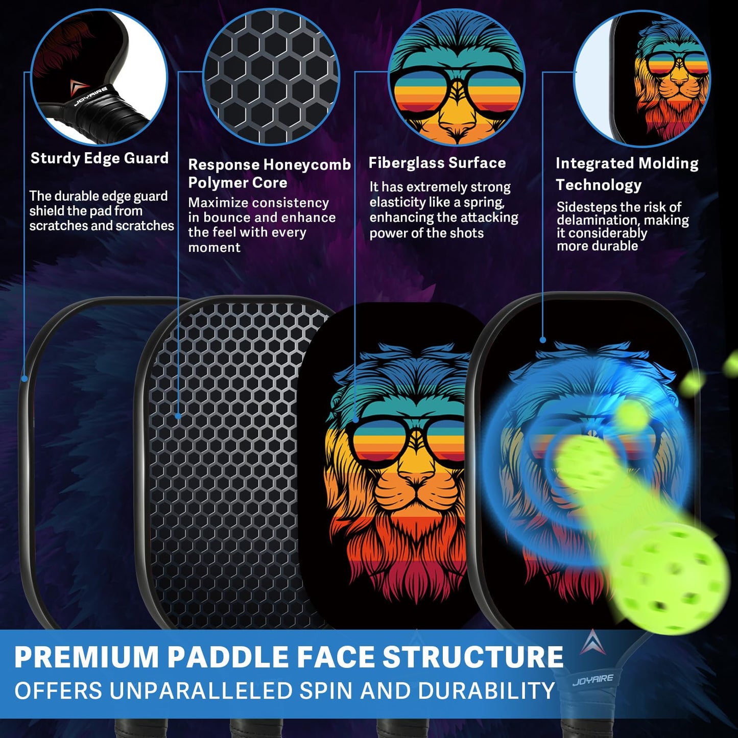 JOYAIRE Pickleball Paddles Set of 2, Fiberglass Pickleball Set, Lightweight Pickle Ball Paddle Honeycomb Core, Pickle Ball Rackets 2 Pack with 4 Pickleball Balls & Bag for Adults, Kids, Beginners