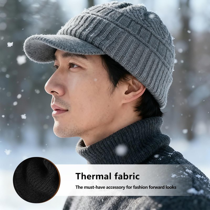 SEEK SURE Men's Winter Hat with Visor Warm Double Woolen Women Ribbed Knit Hat Cuff Beanie Cap with Brim for Cold Weather, L/XL Black