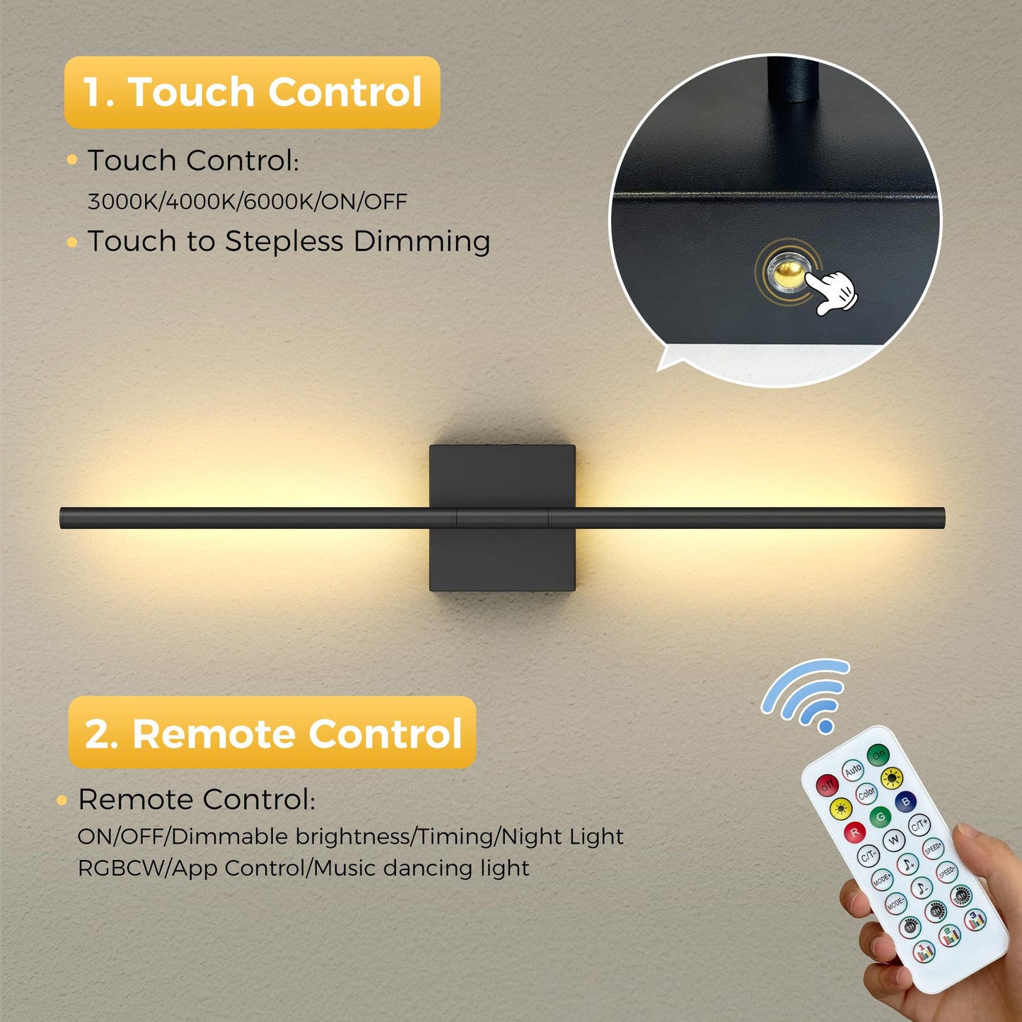 L LOHAS LED Battery Operated Wall Sconces Set of 2, Battery Wall Sconce 10000mAh, Black Rechargeable Sconces 3CCT + RGB, 28.7 Inch Wireless Wall Lights, Sconce Wall Decor for Bedroom, Living Room