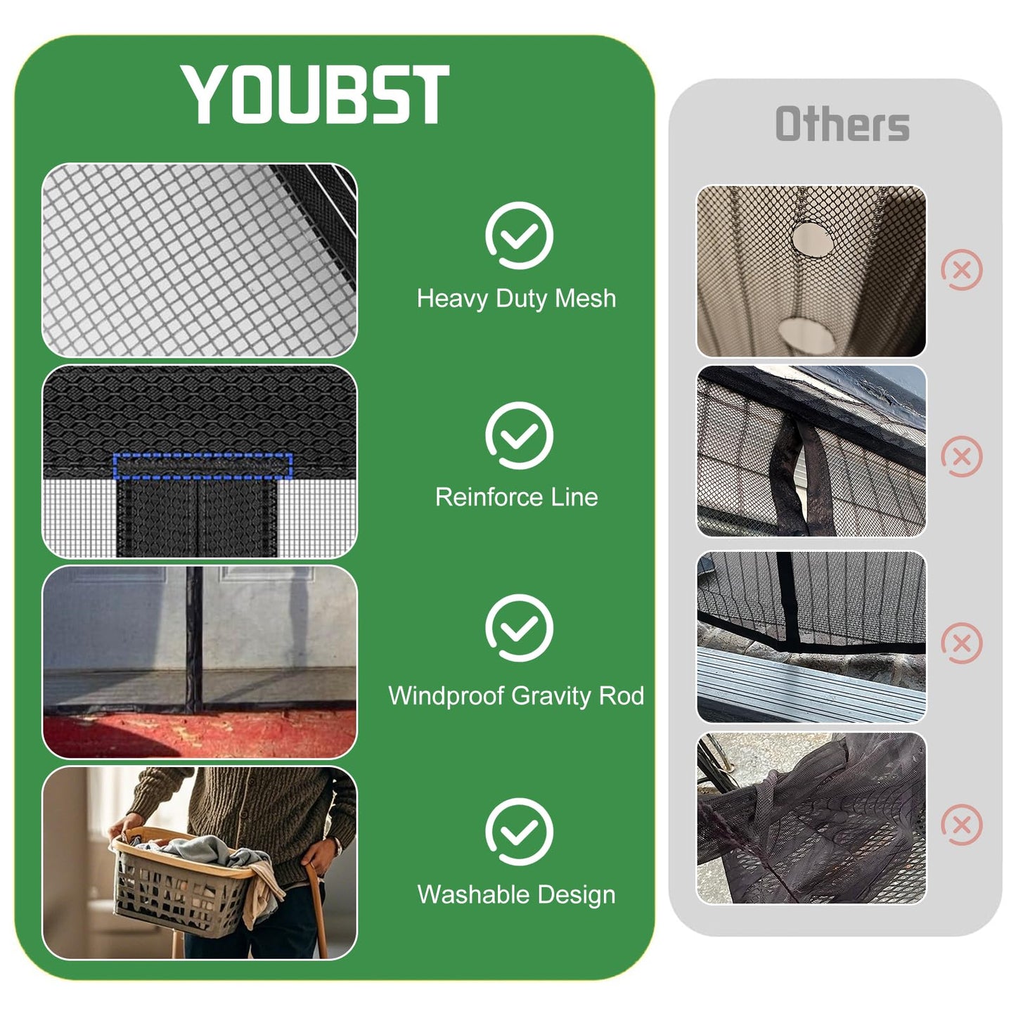YOUBST Magnetic Screen Door Mesh Keeps Bugs Out: Door Screen Magnetic Closure 36" x 83" Fits Door Size 34" x 82" - Magnetic Door Curtain Heavy Duty Fiber Fabric Washable - Hands Free Entry