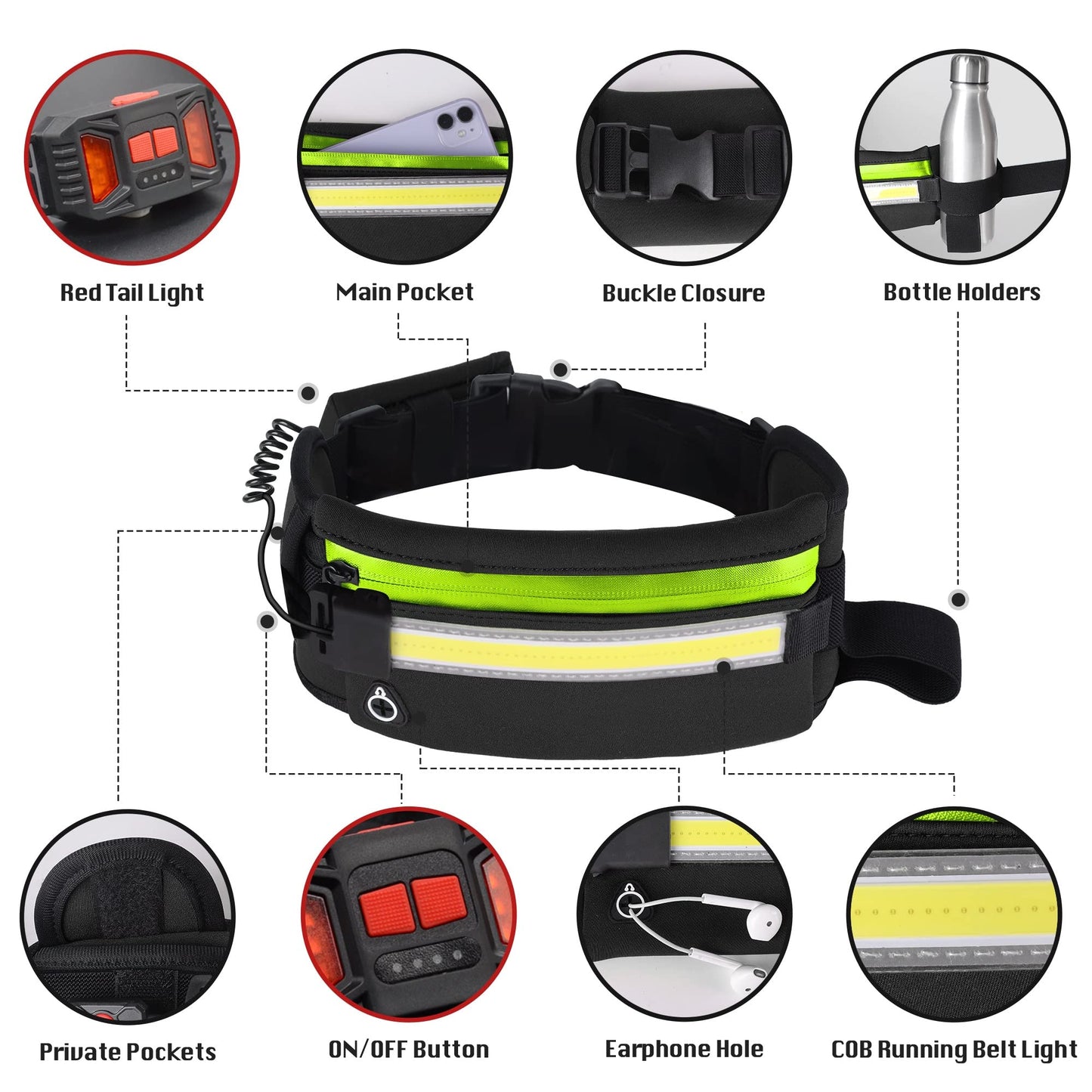 EGUKU Running Light, 1000Lumens Running Belt Running Gear with 230°Rechargeable Night Running Light for Phone Waist Bag Light with Water Bottle Holder Slim Running Belt for Runners Jogging Walking