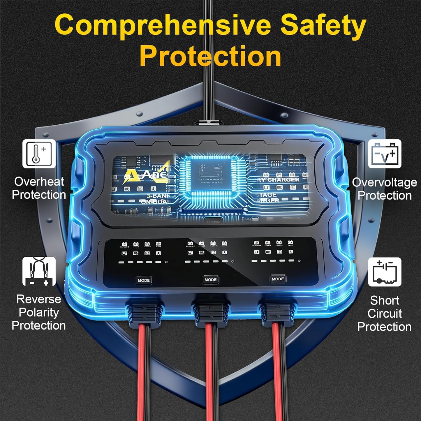 3 Bank Marine Battery Charger - 12V IP68 Waterproof LCD Onboard Charger with Overcharge Protection & Temperature Compensation for Lead-Acid, AGM, EFB, LiFePO4, Lithium | Ideal for Boat, Car, RV