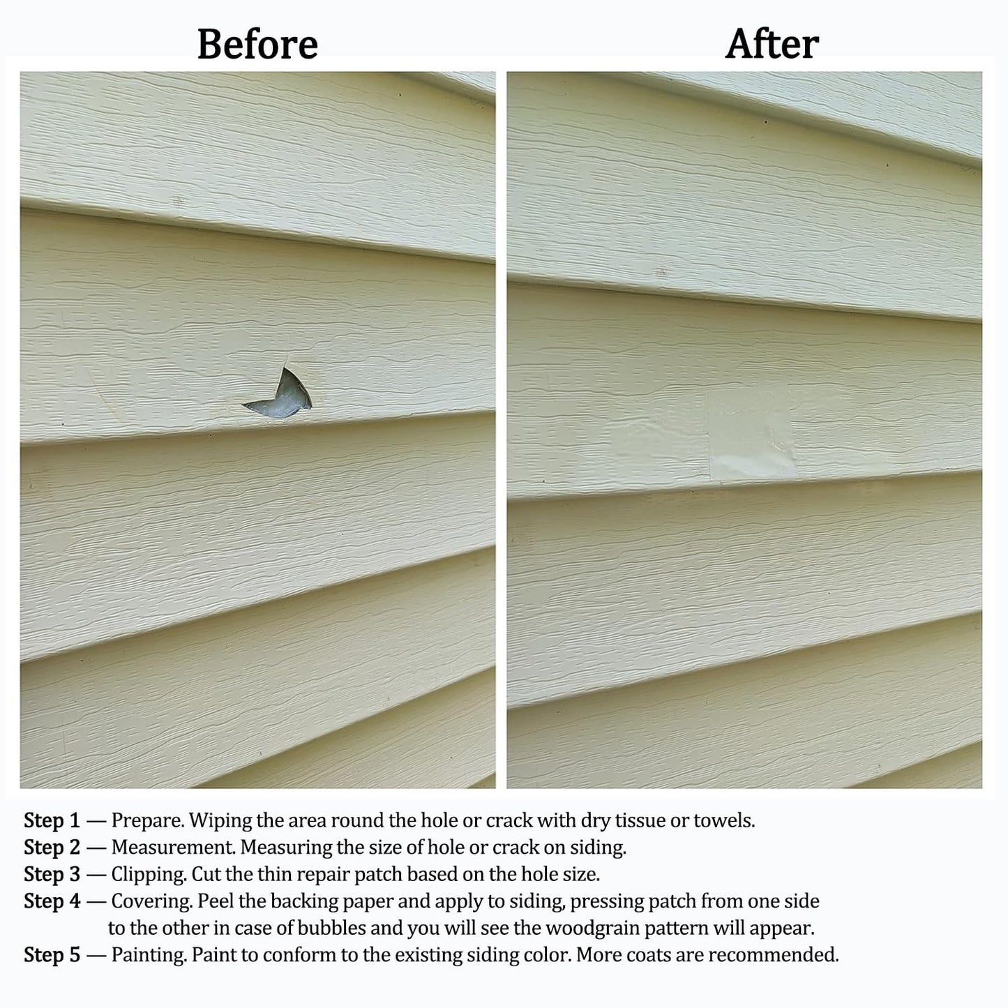 FAILUN Vinyl Siding Repair Kit 24Pcs 6.3X4.75Inch Self-Adhesive Vinyl Siding Patch PVC Tape Cover Any Cracks Holes Blemishes on Vinyls Sidings Fence Tools Home Skirting