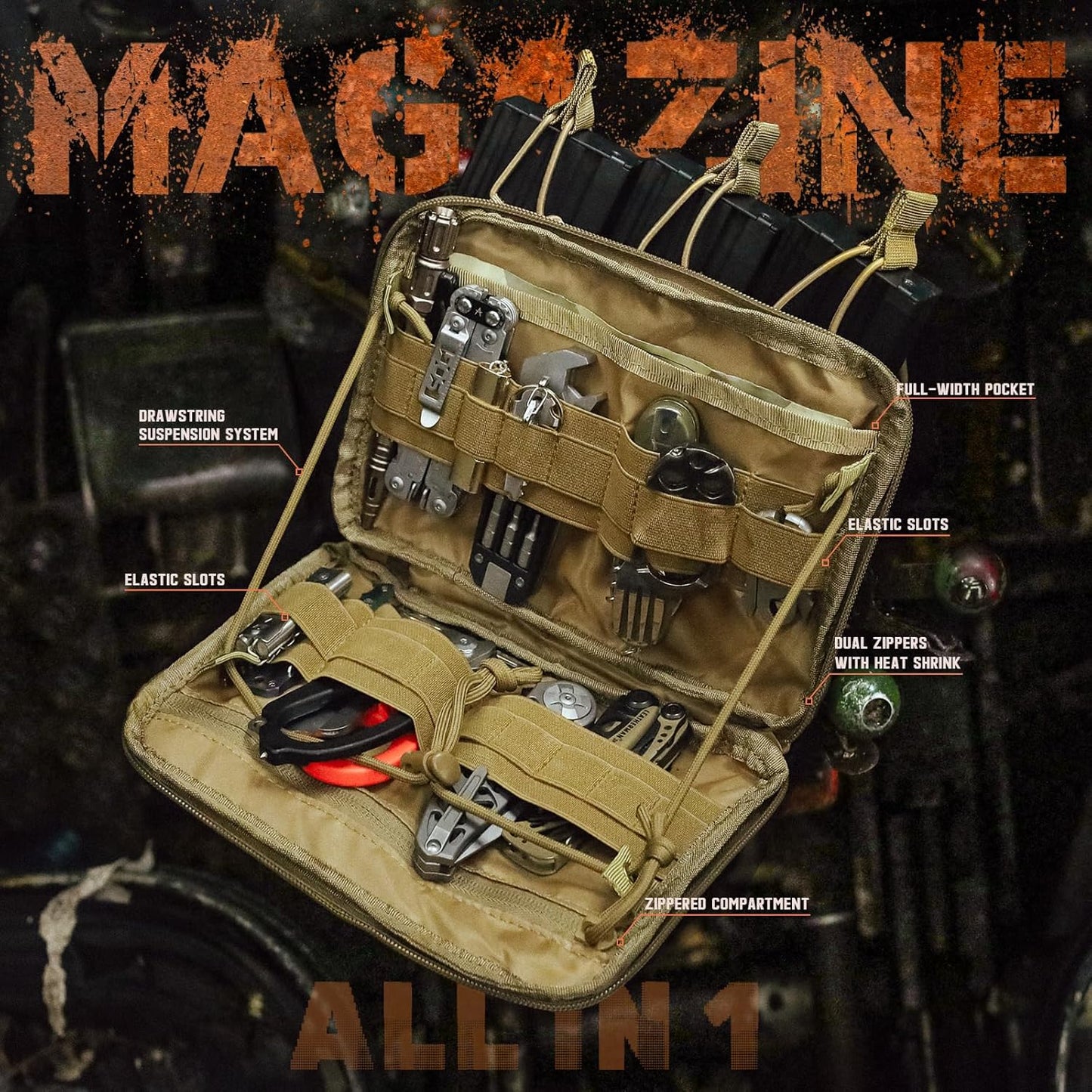 WYNEX Tactical Utility Tool Pouch - Kangaroo Style Molle Admin Bag with Mag/Zipper Strip Insert | EDC Medical Organizer