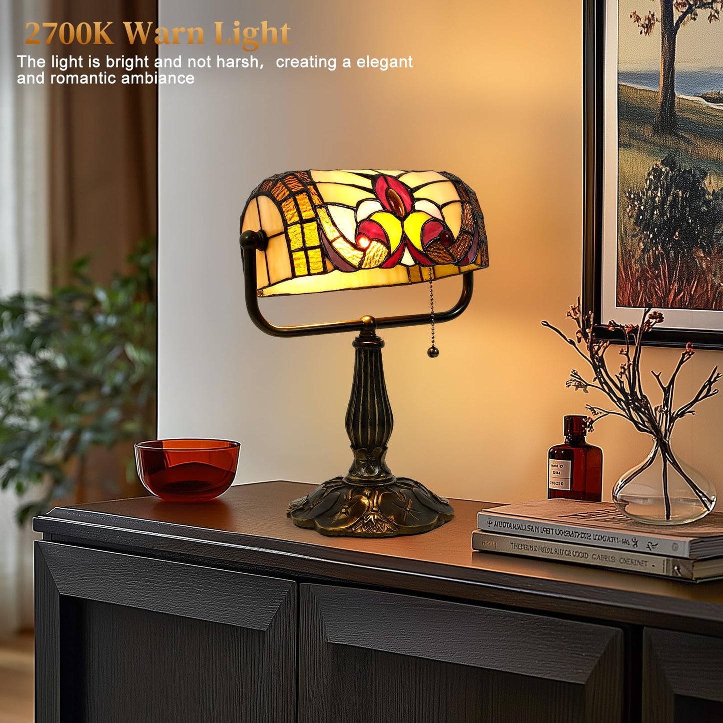 Tiffany Style Bankers Lamp - Stained Glass Desk Lamps with Baroque Design & Pull Chain, Vintage Table Lamp Bankers Desk Light for Office Bedroom Nightstand Living Room LED Bulb Included