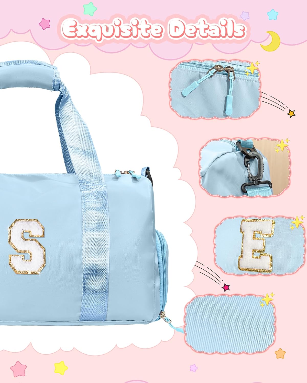 Skiennix Girls Gym Bag - Personalized Weekender Tote with Shoe Compartment & Makeup Pouch | Ideal Birthday Gift for 7-Year-Old (Letter R)