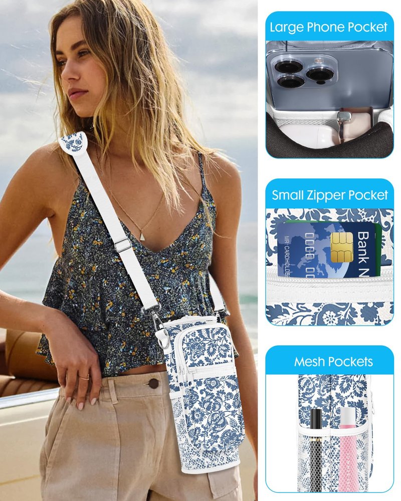 Toykee Under 32 oz Water Bottle Holder Bag with Strap - Crossbody & Woven Handle Sling for Carrier Walking with Phone Pocket Blue Flower