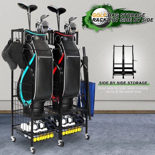 FHXZH Golf Bag Storage Garage Organizer - Golf Bag Stand Fit for 1 Bag, Extra Clubs, Balls, Shoes, and Golf Equipment Accessories, Golf Storage Rack for Garage, Club, Shed