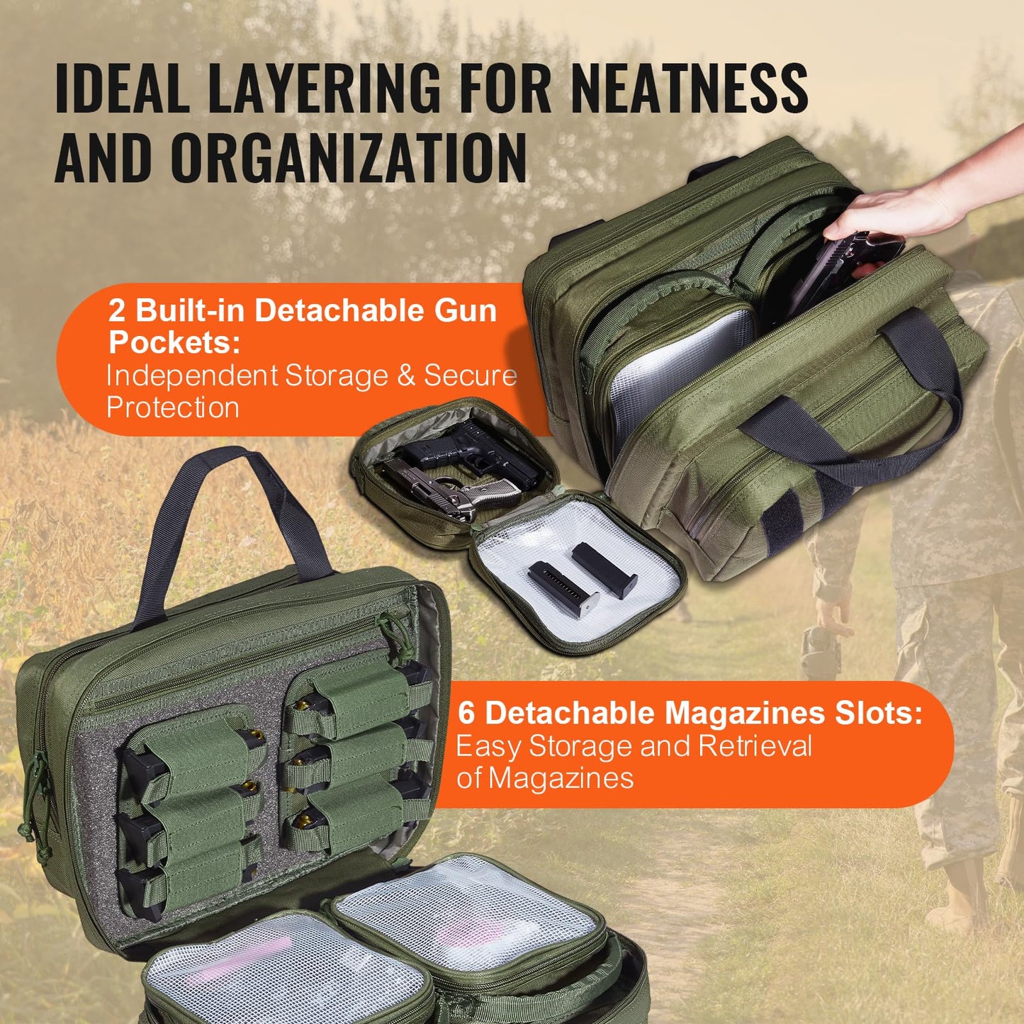 VEVOR Gun Bag with Detachable Baffles & 6 Magazines Shooting Handgun Bag for Outdoor Hunting Shooting Pistol Bag Case (2 Removable Pistol Bags, Green, 13 x 7.9 x 9.1 in)