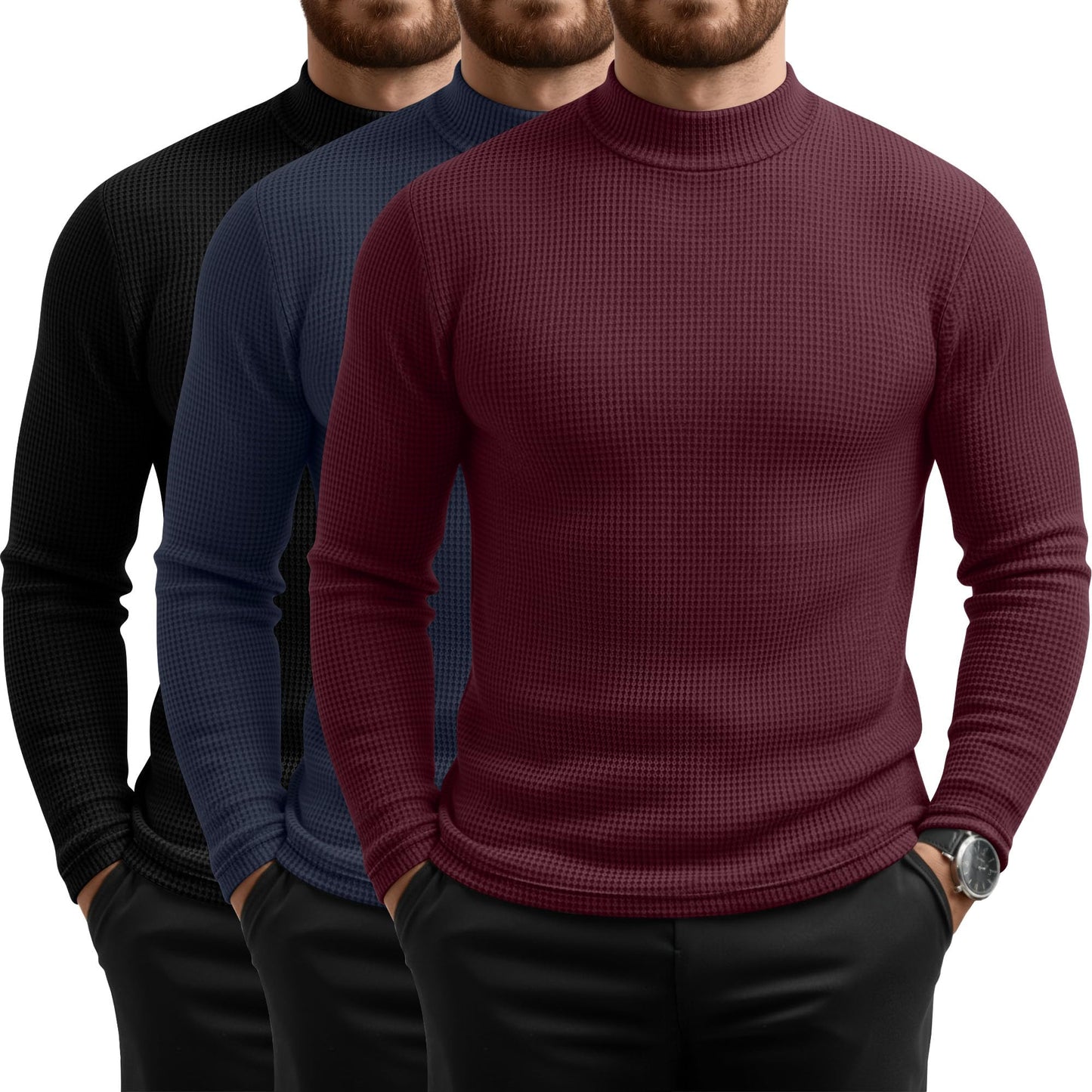 August Alley 3 Pack Men's Waffle Thermal Shirts Long Sleeve Mock Turtleneck Underwear Tops Pullover Undershirts Base Layer(Black, Navy Blue, Wine Red,Large)