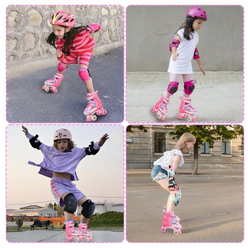 Kids Roller Skates Adjustable Roller Skates Girls Ages 3-12, 4 Size Adjustable Kids Skates, with 4 Light UP Wheels, Roller Skates for Toddlers Beginner (Pink, M)