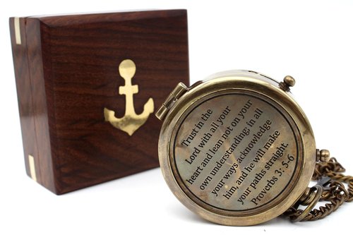 US HANDICRAFTS “Trust in The Lord” Engraved Brass Compass with Wooden Case – Christian Gift for Men, Religious Baptism & Confirmation Gift, Inspirational Graduation & Birthday Present