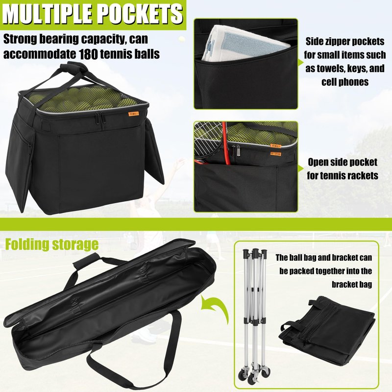GYXZ Foldable Tennis Ball Cart Holds 180 Balls Wheeled Tennis Ball Hopper Sports Teaching Carts with Storage Bag, Light Auminum Alloy