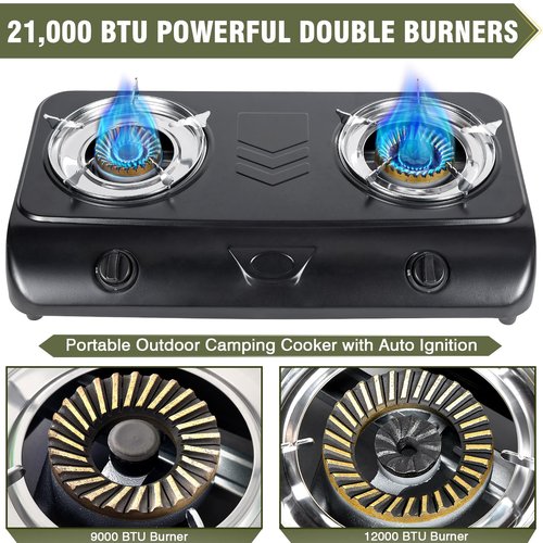 BESTFIRE Portable Outdoor Propane Stove - 9000/12000 BTU Dual Burners with Auto Ignition, Rust-Resistant Steel, Regulator & Hose, Perfect for Camping, RV, Tailgating, BBQ, Compact 28.74"×14.76"×5.51"