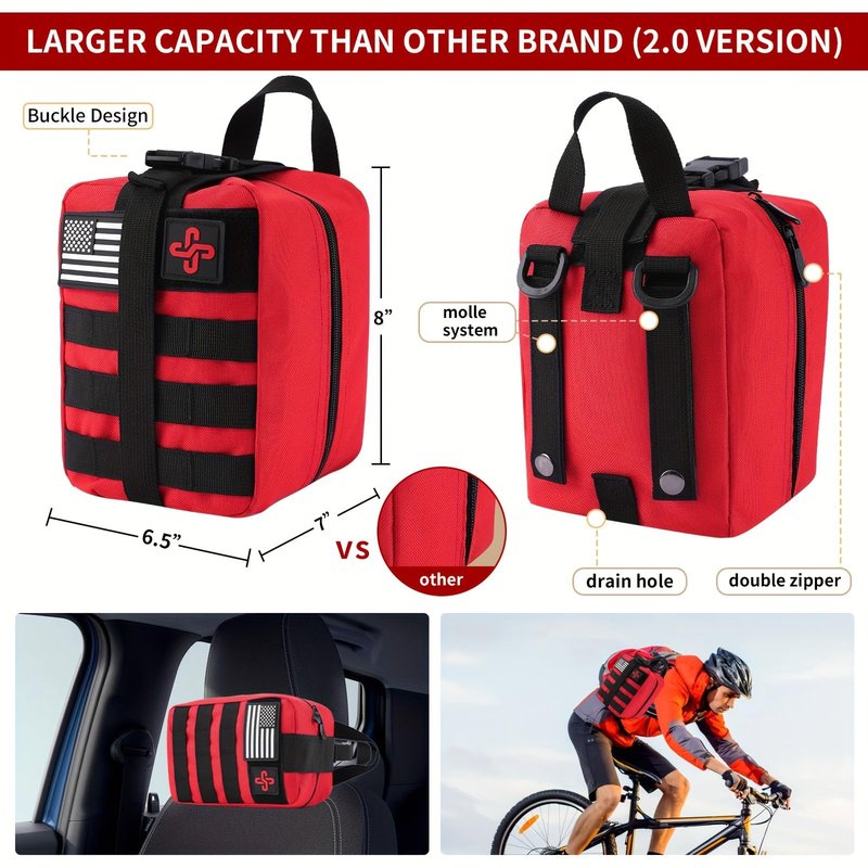 Survival Kit, 252Pcs Survival Gear First Aid Kit with Molle System Compatible Bag and Emergency Tent, Emergency Kit for Earthquake, Outdoor Adventure, Hiking, Hunting, Gifts for Men Women (Red)