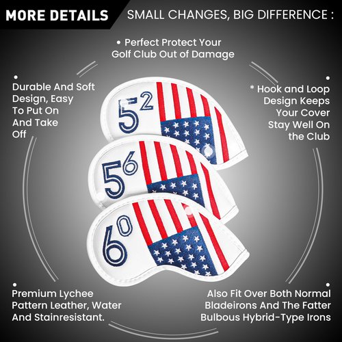 Golf Iron Wedge Head Covers 52° 54° 56° 60° 1 Pc, Stylish Leather Headcover Club Head Protection for Irons, Clover USA Flag Design for Men Women (52°, 56°, 60°(USA Flag))