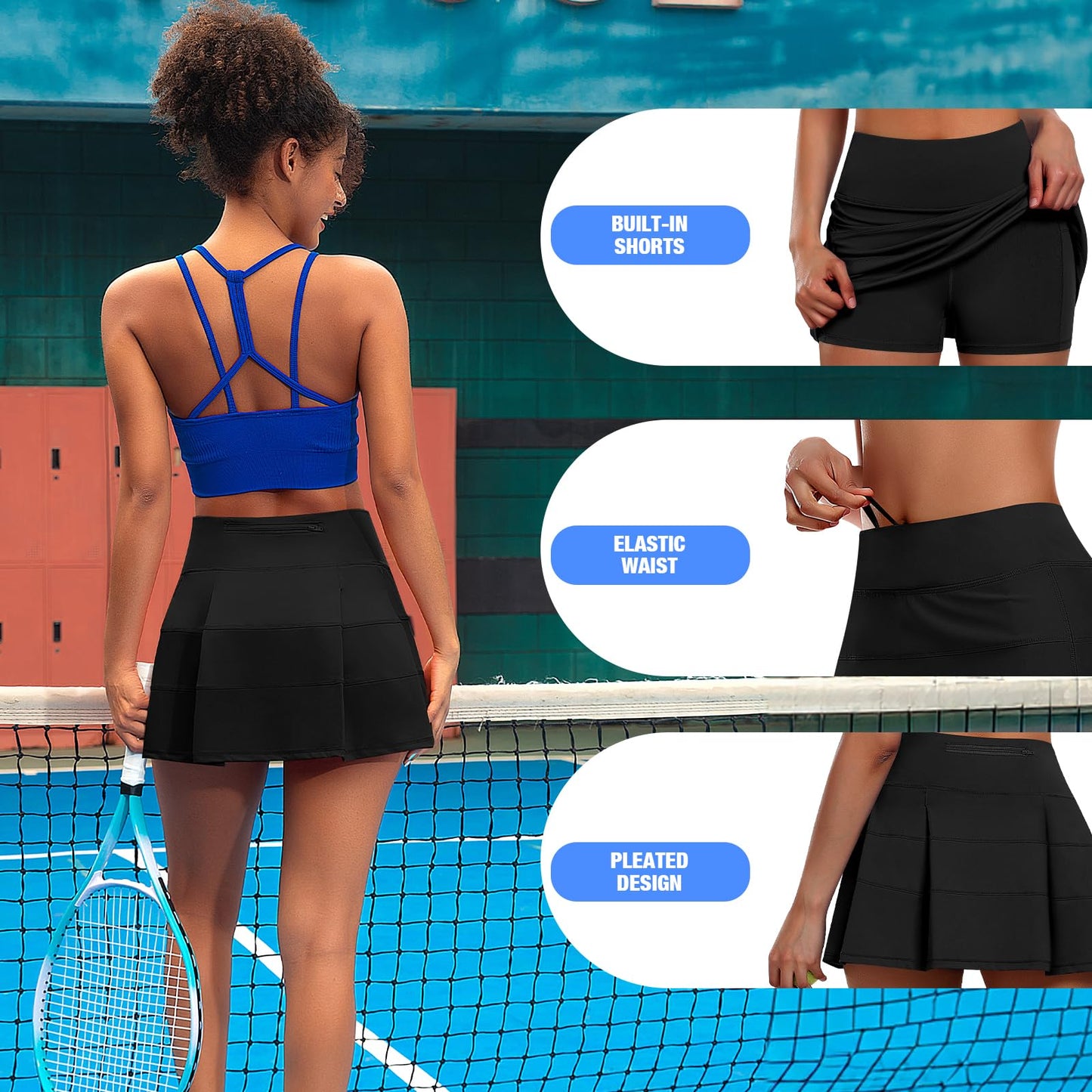 JoyGirl Womens Tennis Skirt with Shorts Pleated Golf Skirt High Waist Pickleball Skirts Athletic Skorts with Pockets (Black,Small)
