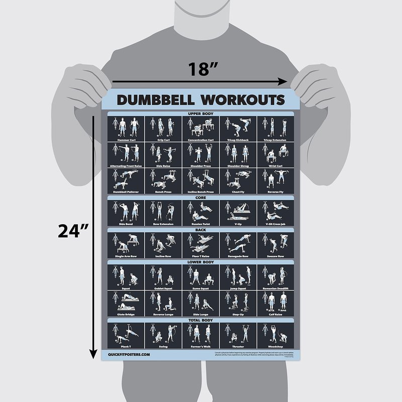 Palace Learning 2 Pack Dumbbell Workouts and Barbell Exercise Poster Set - Laminated 2 Chart Set - Dumbbell Exercise Routine & Barbell Workouts [DARK] (LAMINATED, 18” x 24”)
