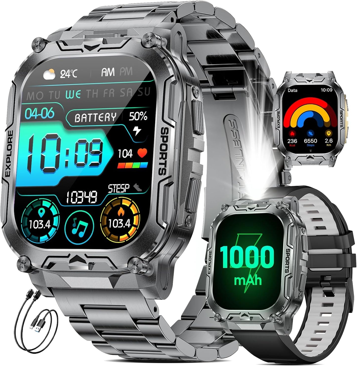 TX12 Smart Watch - Military Fitness Tracker with 100+ Sports Modes | 2.01'' HD Display, IP68 Waterproof, Black
