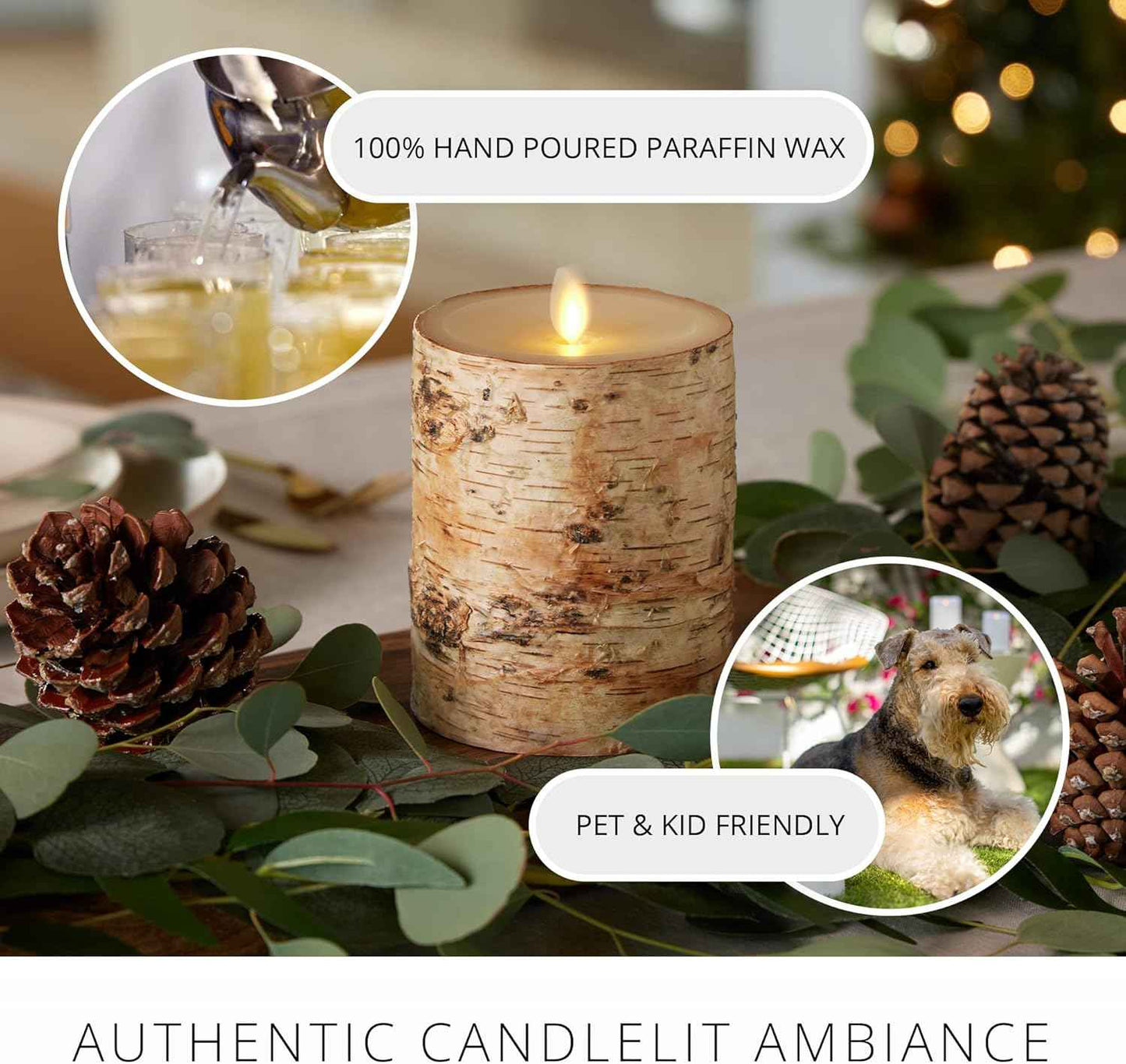 Realistic Moving Flame LED Pillar Candle with Birch Bark - Battery Operated, Remote Ready, 4x7