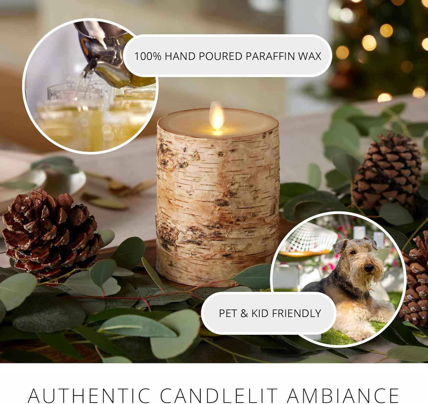 Realistic Moving Flame LED Pillar Candle with Birch Bark - Battery Operated, Remote Ready, 4x7