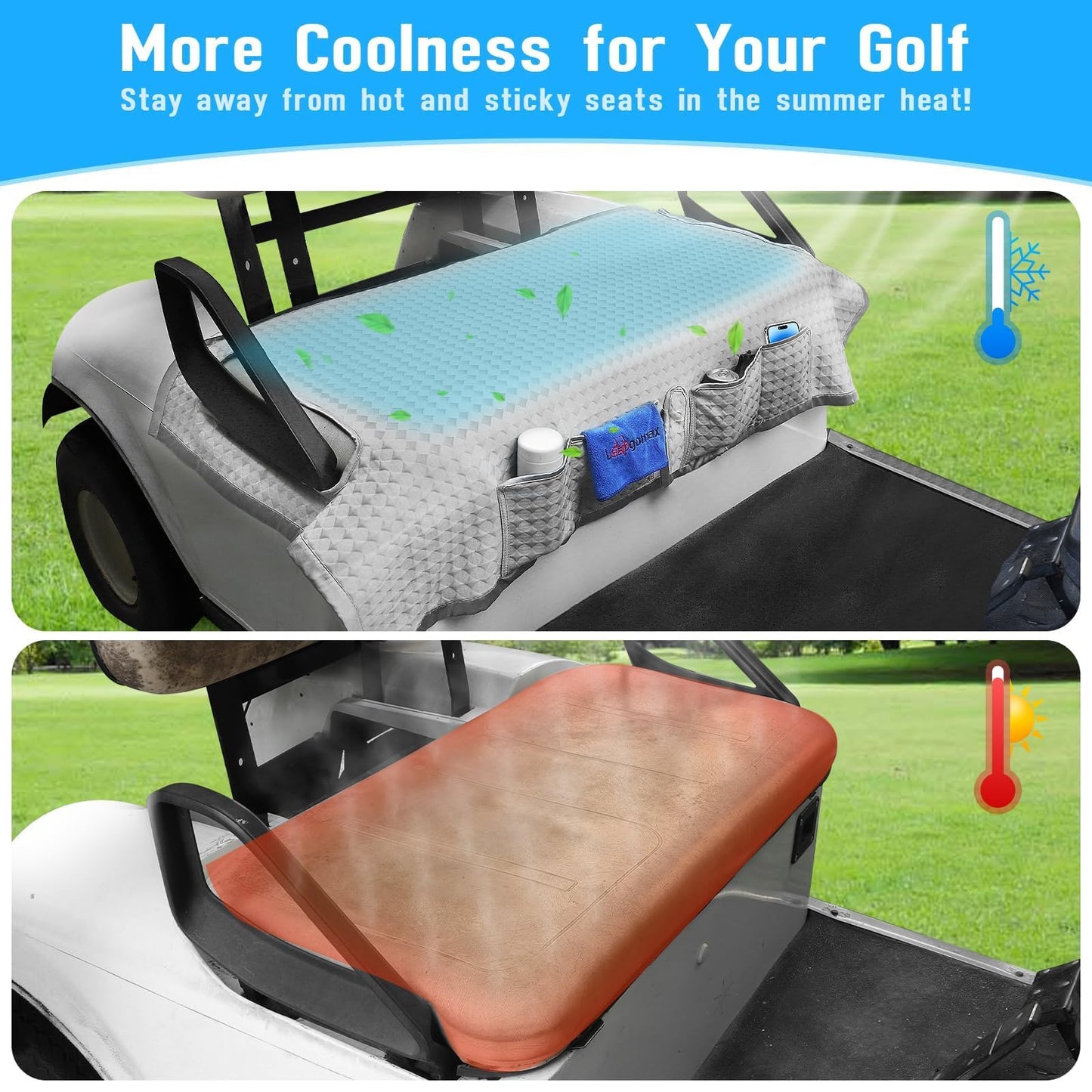 LEAPGOMAX Golf Cart Seat Covers Cooling Ice Silk Golf Cart Seat Blanket for EZGO TXT RXV/Club Car DS Precedent Front Seat 4 Pockets Seat Blanket for 2-Person Seats, Keeps Seat Cool and Clean Gray
