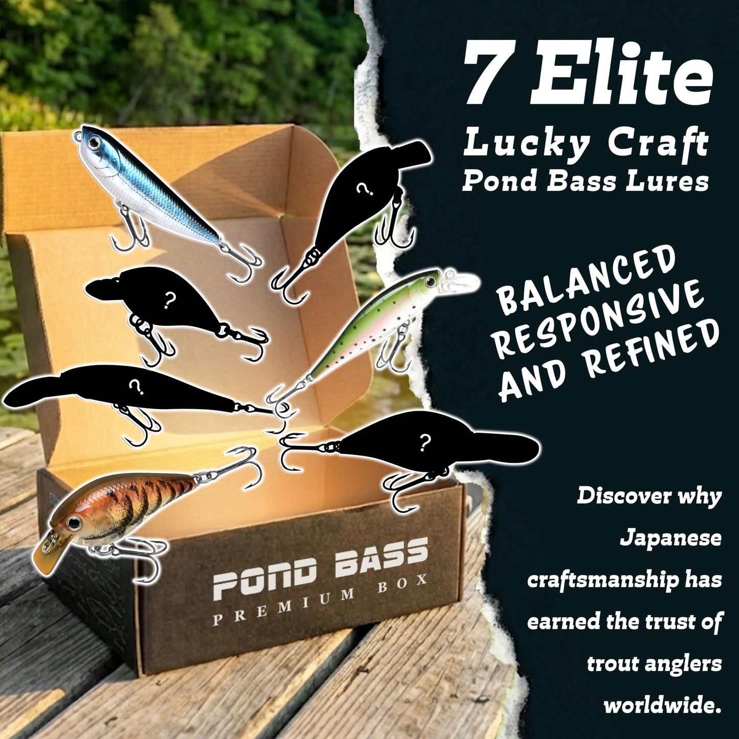 LUCKY CRAFT Pond Bass Premium Box, 7 Freshwater Fishing Lures for Pond and Lake Fish, Mystery Selection Tackle Box with Surprise Bass Lures, Fishing Gear Accessories
