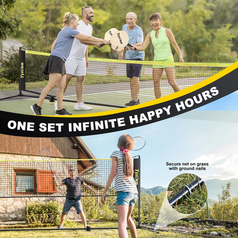 TYRSEN Portable Pickleball Badminton Net Set, 17FT Adjustable Heights All-in-One Net w/4 Pickleball Paddles 4 Badminton Rackets, Freestanding Net for Backyard Family Sports