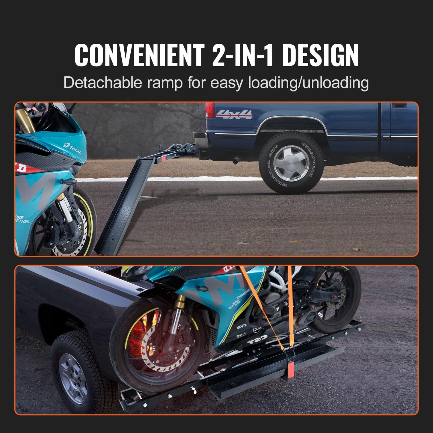VEVOR Motorcycle Carrier, 600 LBS Steel Motorcycle Carrier Hitch Mount with 47" Longer Ramp, Scooter Dirt Bike Trailer Hauler with Ratchet Straps and Stabilizer, for Car, Truck with 2" Hitch Receiver