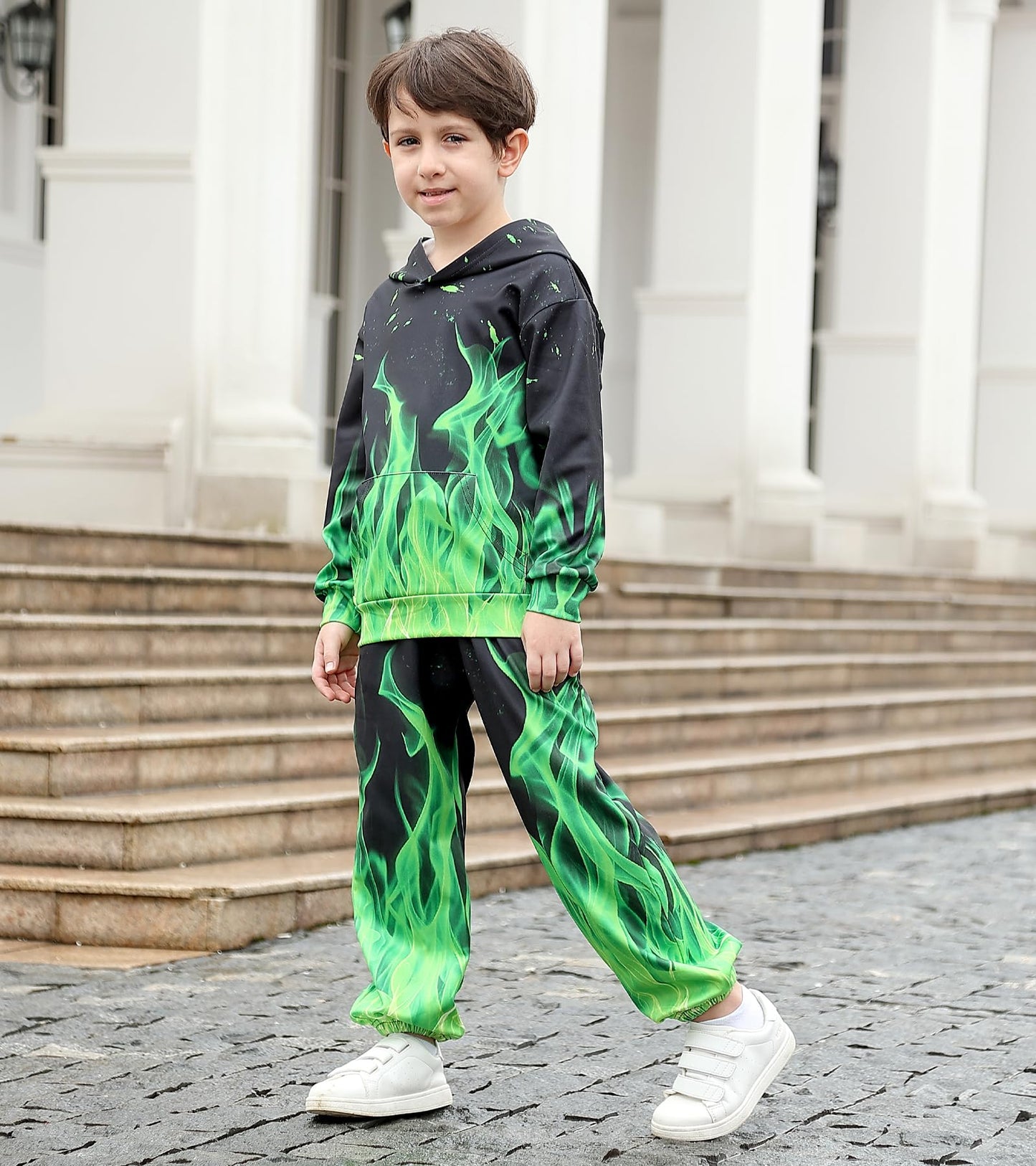 Belovecol Boys Hoodie Pant Set Colorful Pullover Hoodies and Sweatpants 3D Print Hooded Sweatshirt Jogger Suits, Green Cold Smoke, 9-10 Years