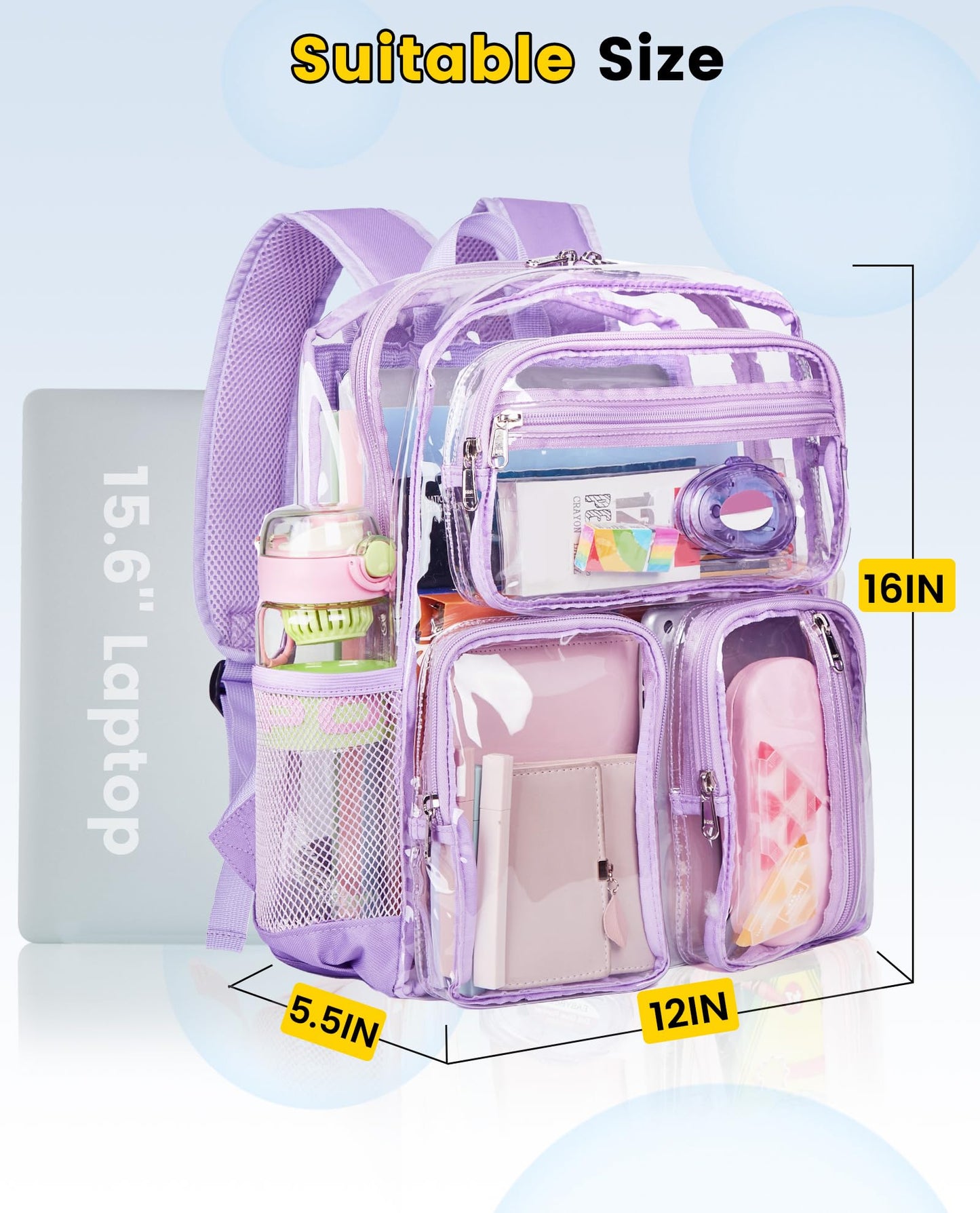 Vorspack Clear Backpack Heavy Duty - See Through Bookbag for Girls Boys Large Transparent Backpacks for Work, Travel, Festival - Purple