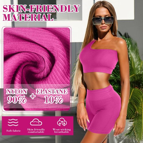 Floraltop 4 Pcs Women's Workout Sets Pilates Exercise Outfit Ribbed Scoop Neck Sports Bra Shorts Leggings Gym Clothes Set(Small,Rose Red)
