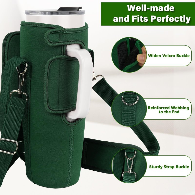Water Bottle Carrier Bag with Phone Pocket Compatible with Stanley/Meoky 40 oz Tumbler with Handle,Water Bottle Holder Pouch with Adjustable Strap Compatible with Stanley Cup Accessories,Green