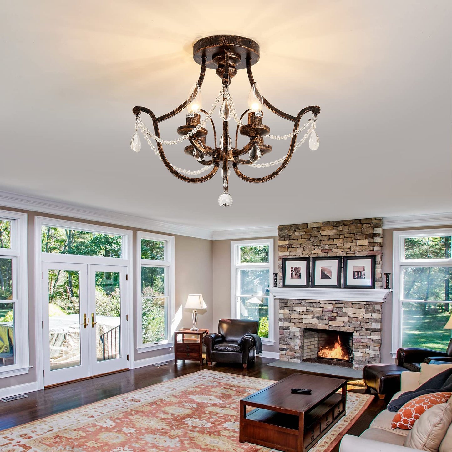 UOFUS Vintage Semi Flush Mount Crystal Chandelier Oil Rubbed Bronze 4-Light Small Metal Ceiling Light Fixture Farmhouse Ceiling Lamp for Foyer Kitchen Entryway Hallway Bathroom Bedroom Dining Room